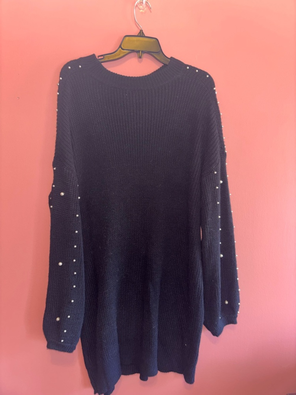 SHEIN Black Pearl-Embellished Knit Mini Dress
